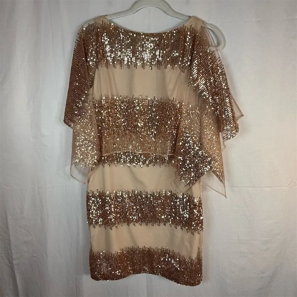 Belle Badgley Mischka Dress Womens 6 Beige Sequin Stripe Sheer Cape Cocktail - Picture 1 of 16